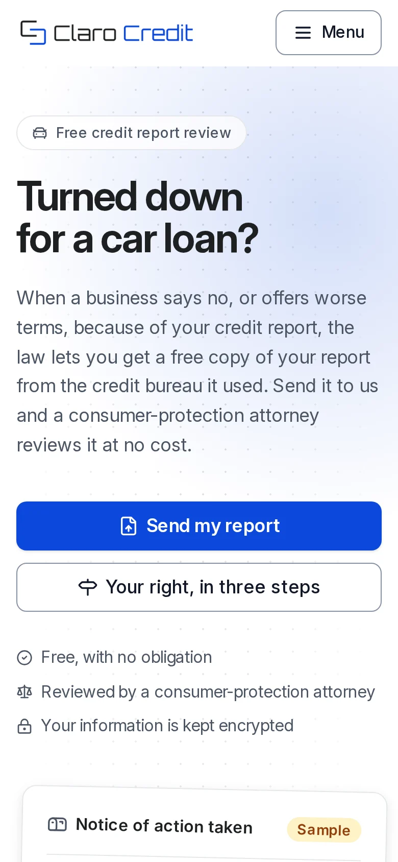 The page a customer sees on a phone: Turned down for a car loan? with the Send my report button.