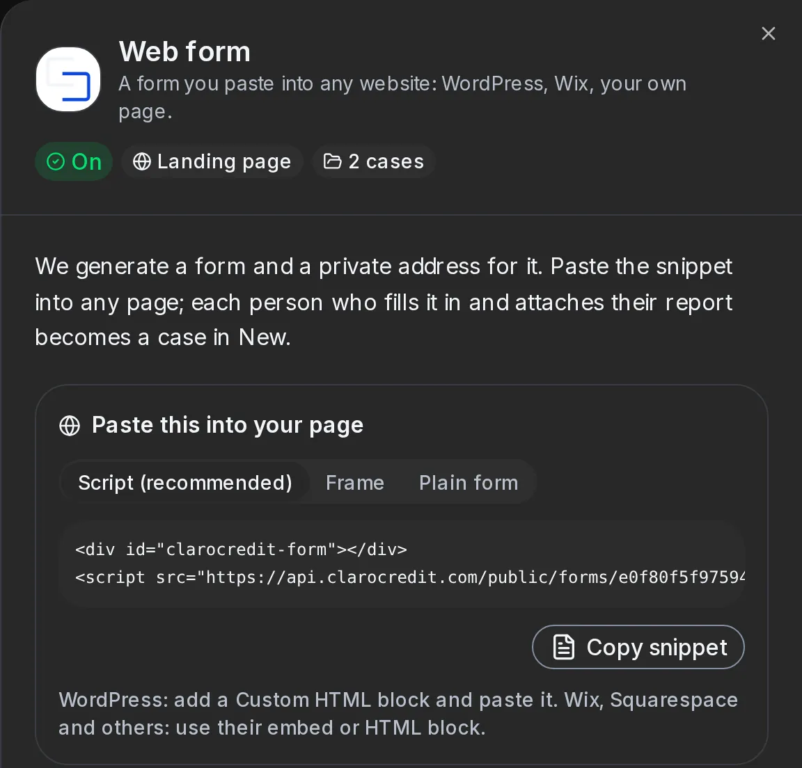 The web form in ClaroCredit's Connectors: the snippet to paste into a firm's own website, with a Copy snippet button.