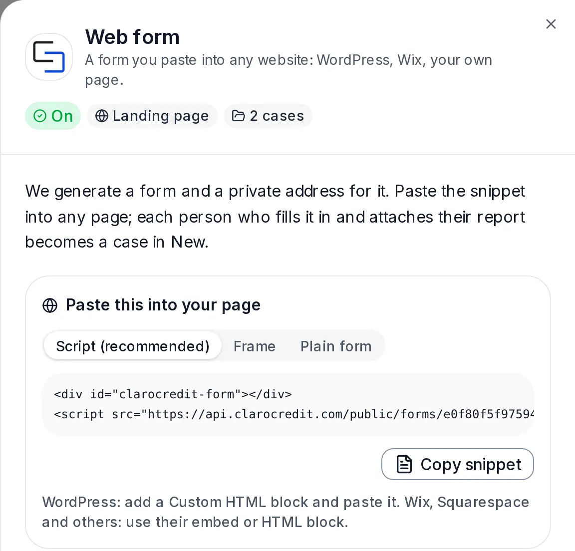 The web form in ClaroCredit's Connectors: the snippet to paste into a firm's own website, with a Copy snippet button.